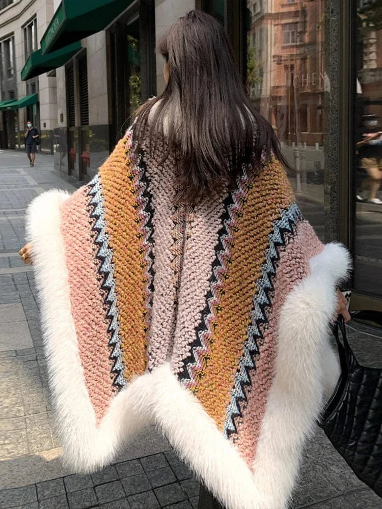Poncho Femme Cachemire à Rayures