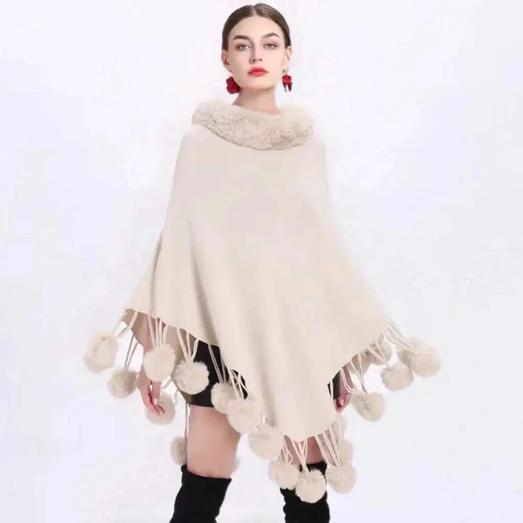 Poncho Femme Coton à Pompons