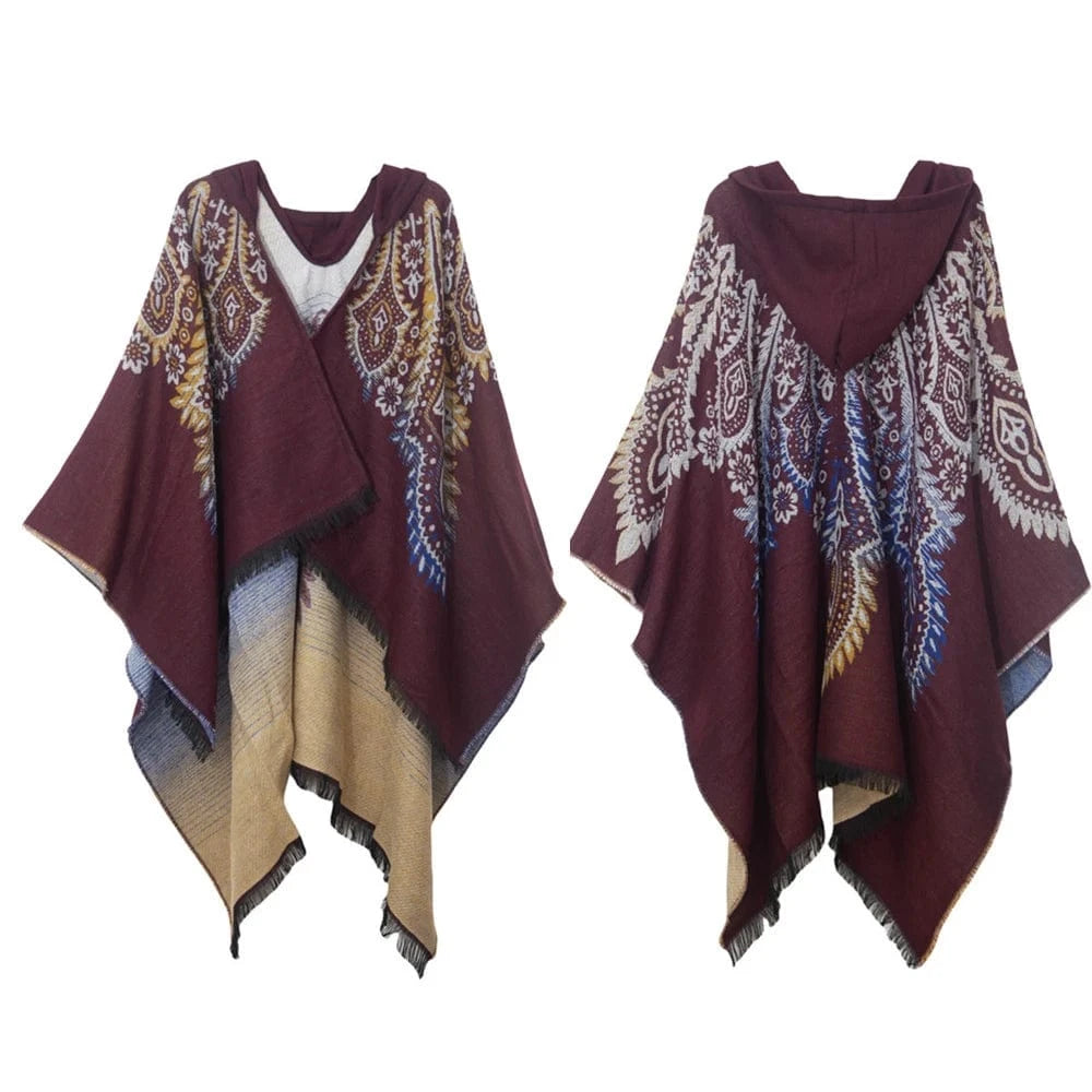 Poncho Femme Ethnique à Capuche