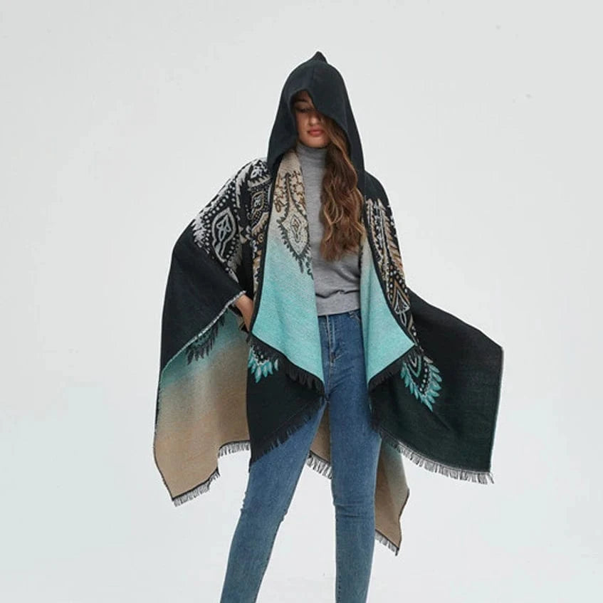 Poncho Femme Ethnique à Capuche