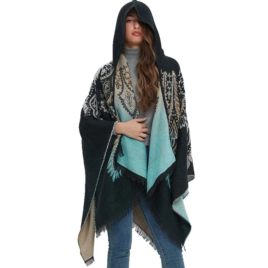 Poncho Femme Ethnique à Capuche