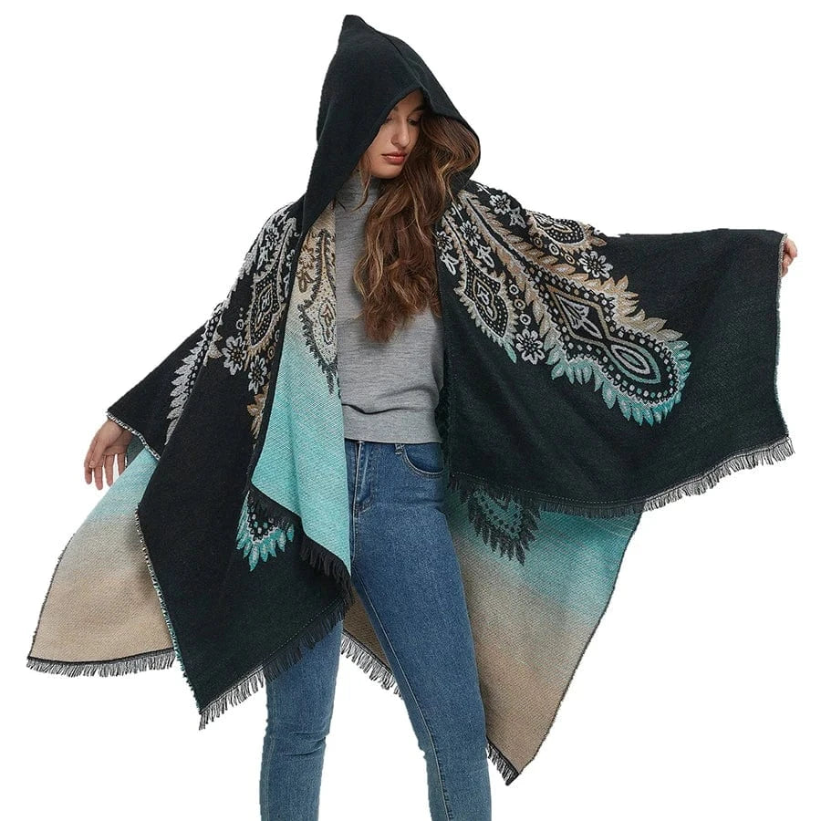 Poncho Femme Ethnique à Capuche