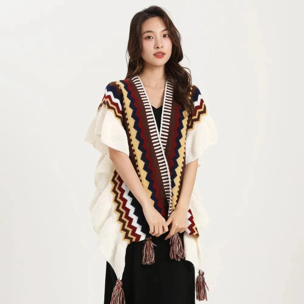 Poncho Femme Fin à Pompons