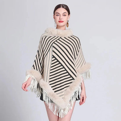 Poncho Femme Fourrure Rayée