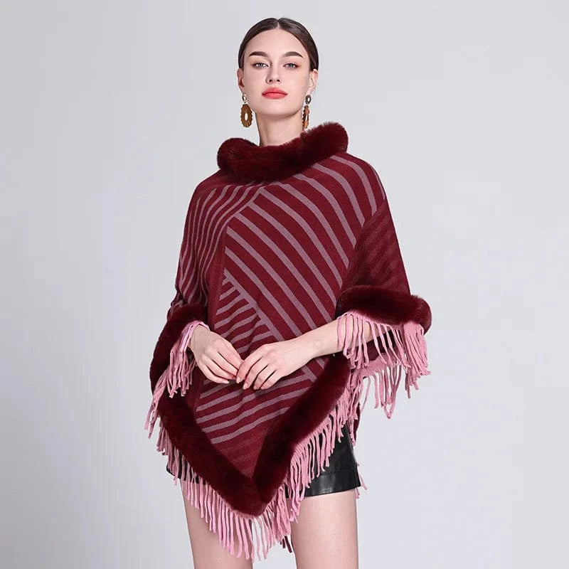 Poncho Femme Fourrure Rayée