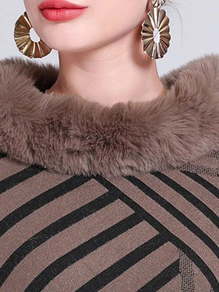 Poncho Femme Fourrure Rayée