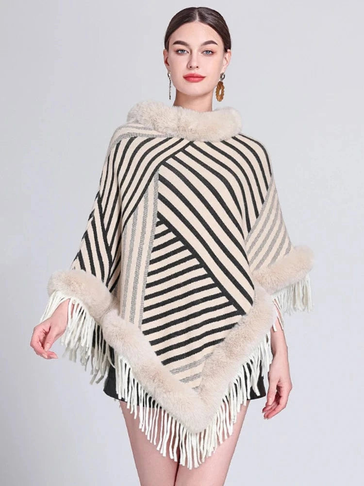 Poncho Femme Fourrure Rayée