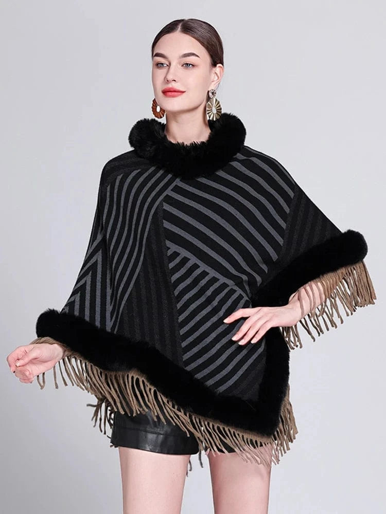 Poncho Femme Fourrure Rayée