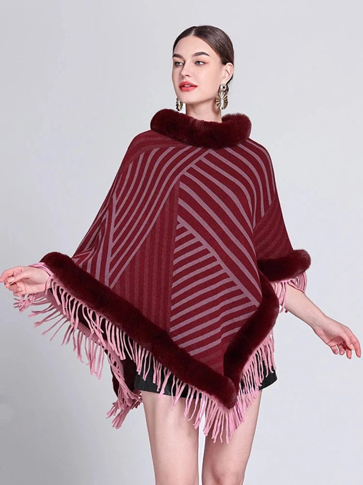 Poncho Femme Fourrure Rayée