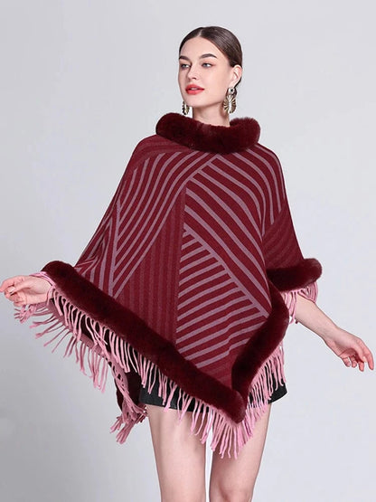Poncho Femme Fourrure Rayée