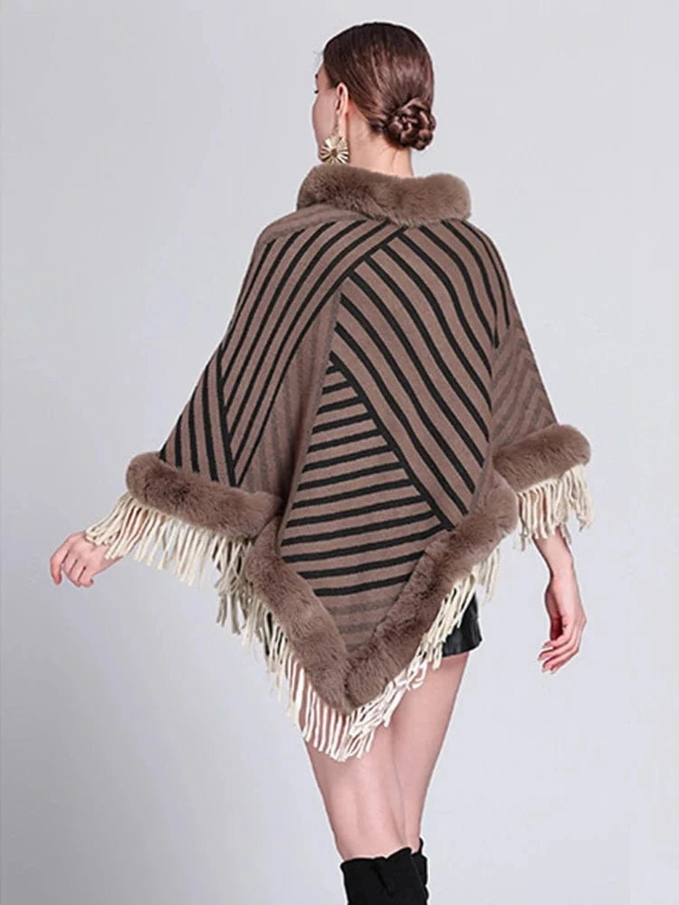 Poncho Femme Fourrure Rayée