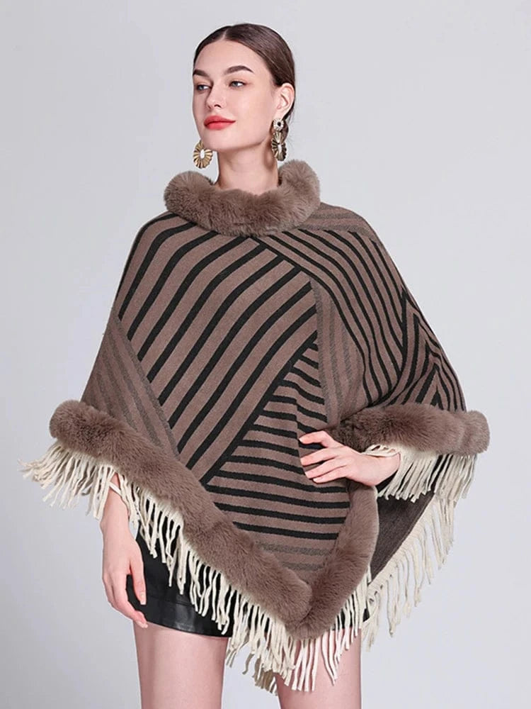 Poncho Femme Fourrure Rayée