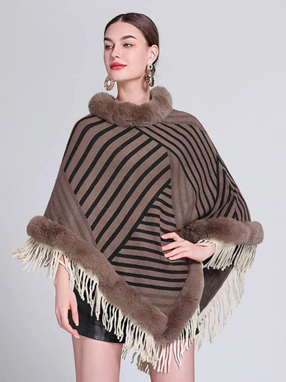 Poncho Femme Fourrure Rayée