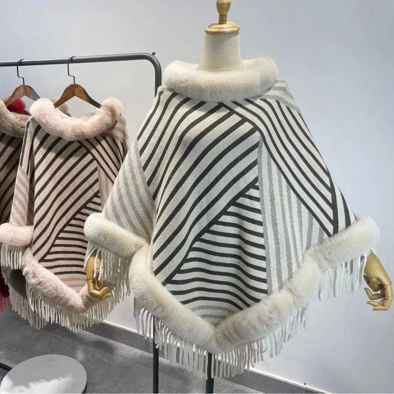 Poncho Femme Fourrure Rayée