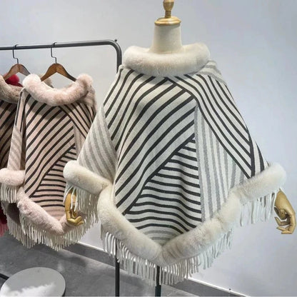 Poncho Femme Fourrure Rayée