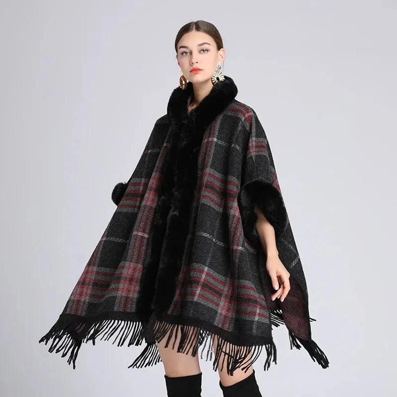 Poncho Femme Plaid Col Montant