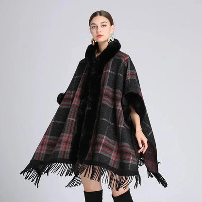 Poncho Femme Plaid Col Montant