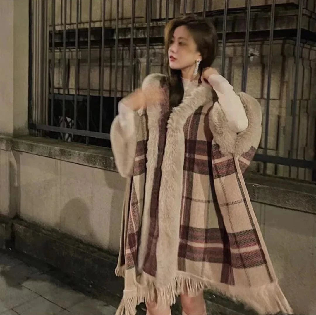 Poncho Femme Plaid Col Montant