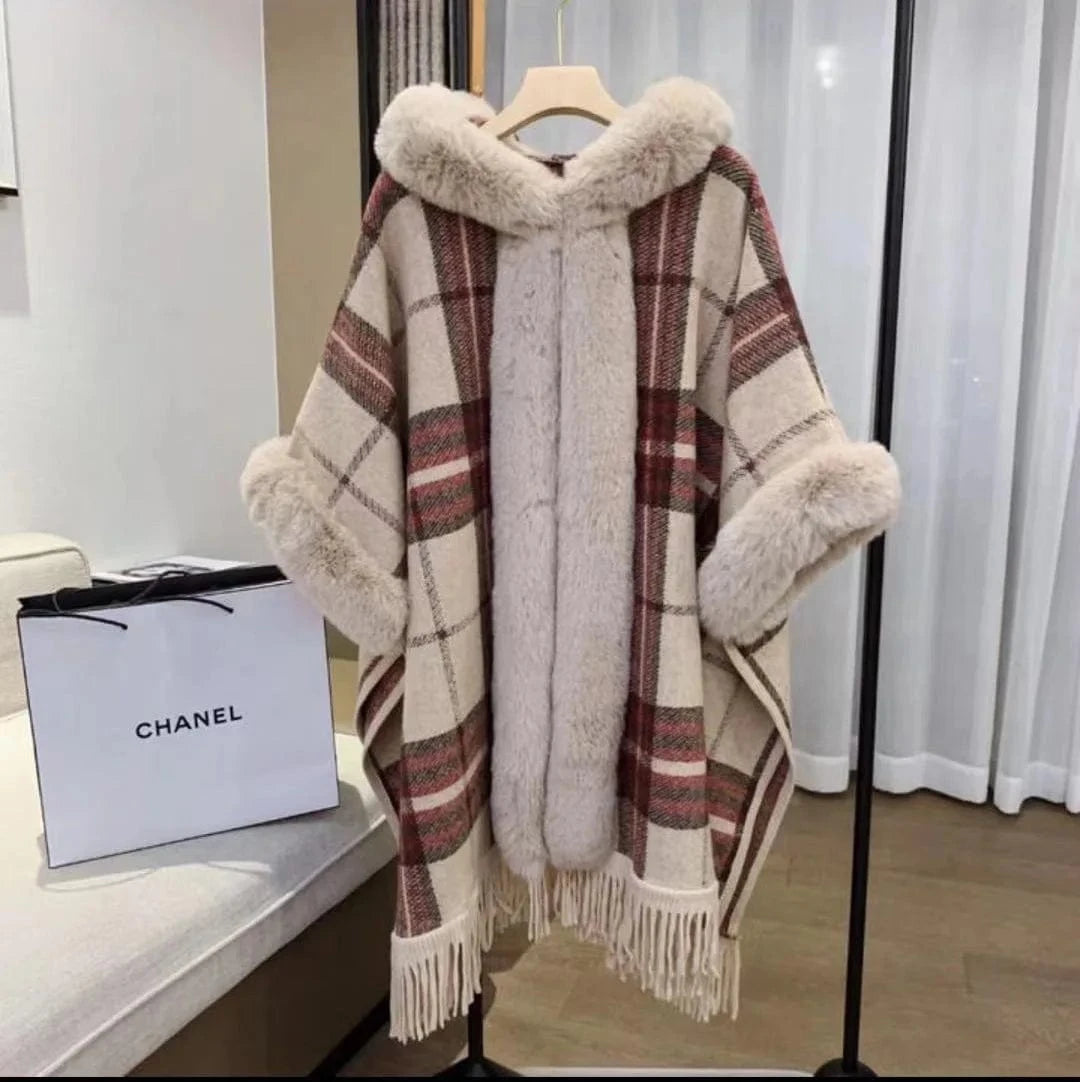 Poncho Femme Plaid Col Montant