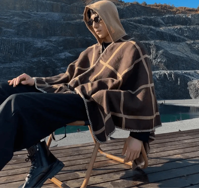 Poncho Homme Hiver à Carreaux